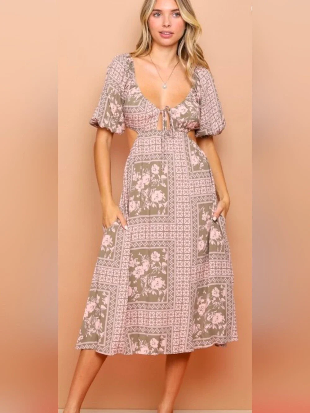Floral Patchwork Midi Dress With Cutout Back - Picture 1 of 4